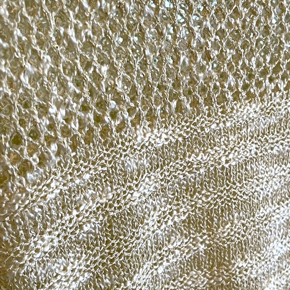 RELATIVITY NWOT FRINGED CROCHET OPEN KNIT POM POM SUMMER SWEATER W GOLD SHIMMER - Picture 8 of 11